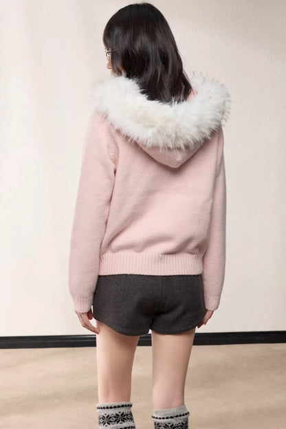 Fur Collar Hooded Knit Cardigan