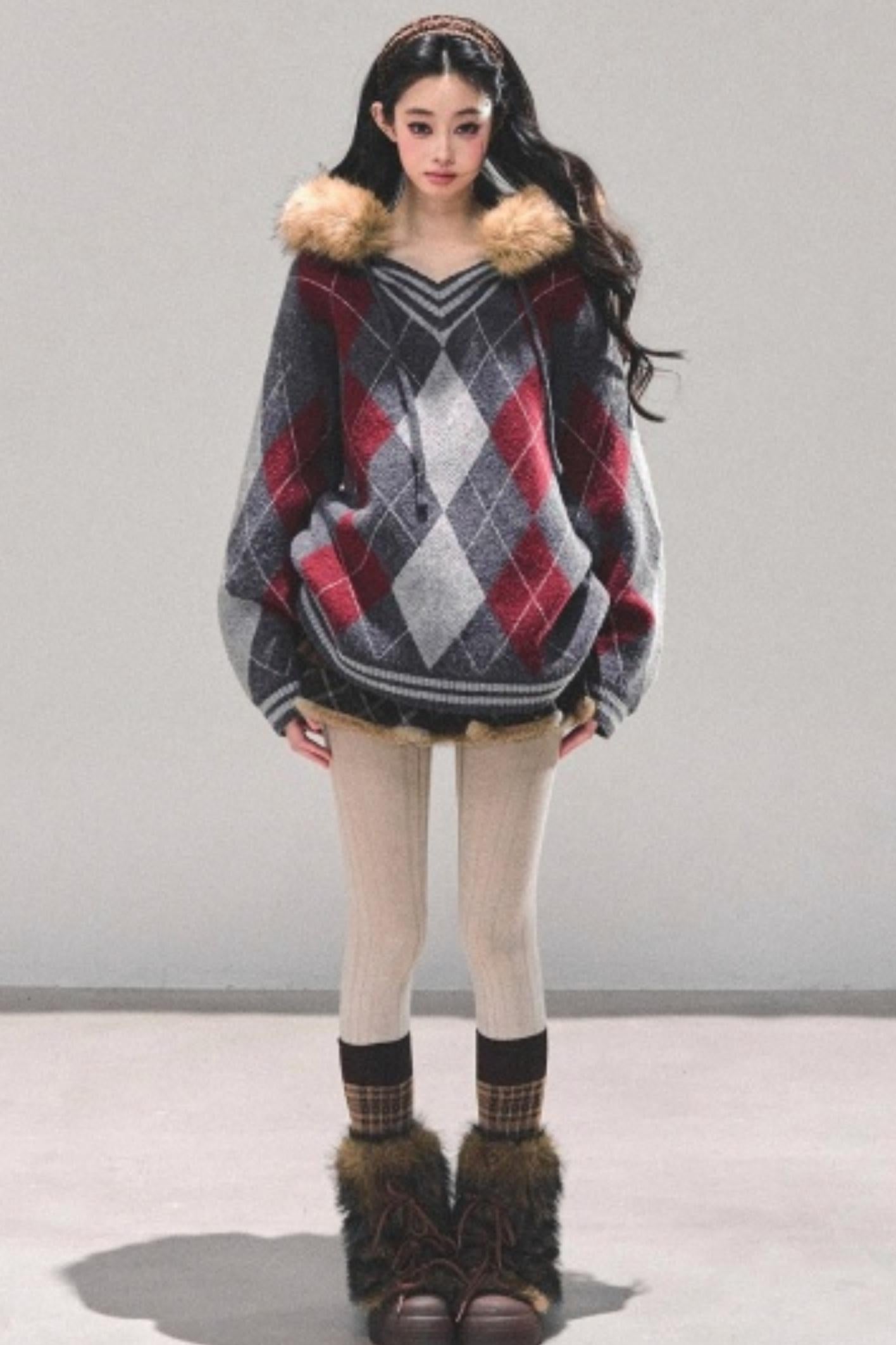 American College Style Fur Collar Sweater
