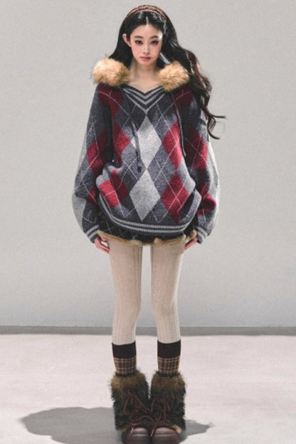 American College Style Fur Collar Sweater