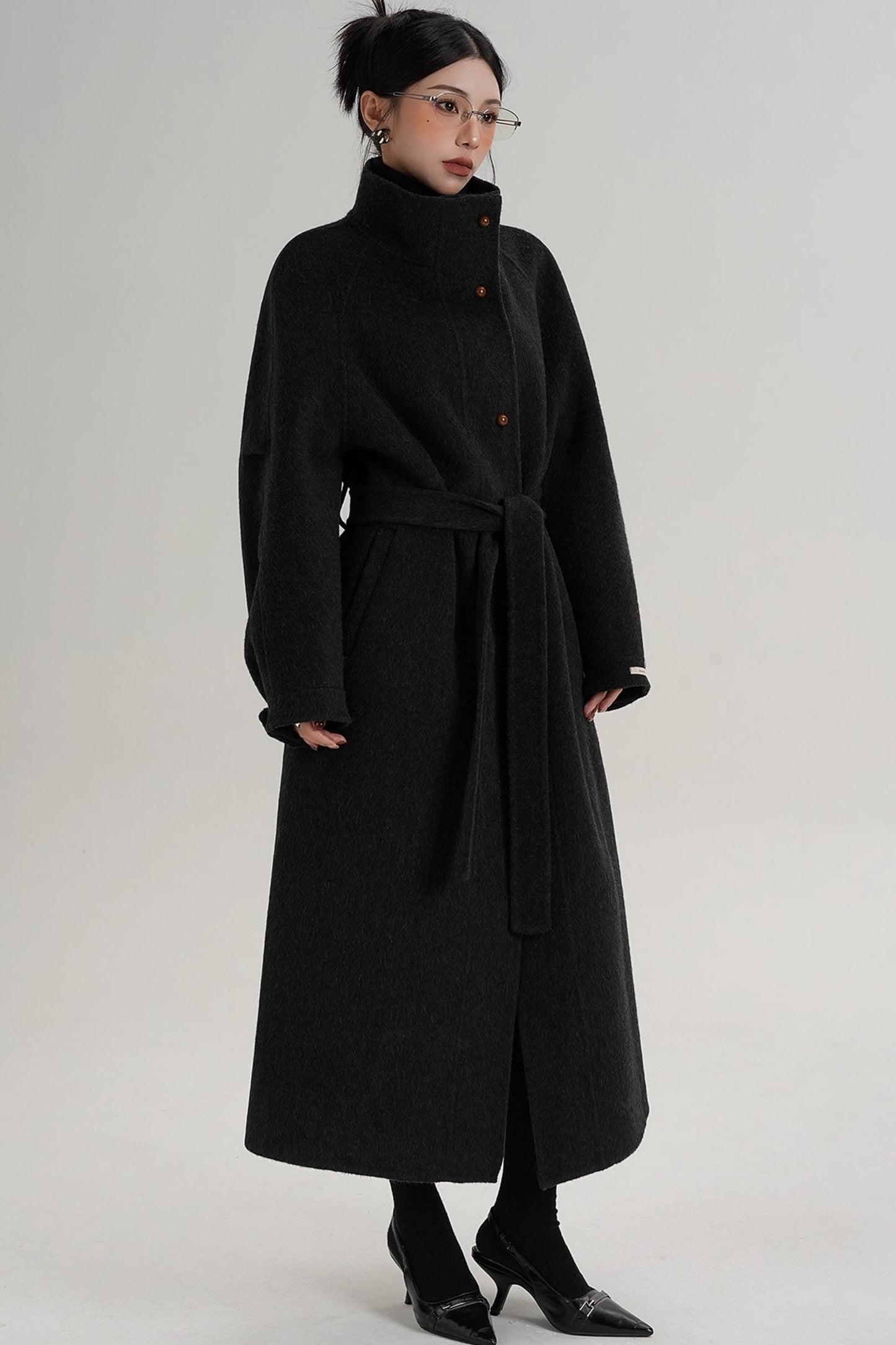 Elegant High-Neck Long Wool Coat