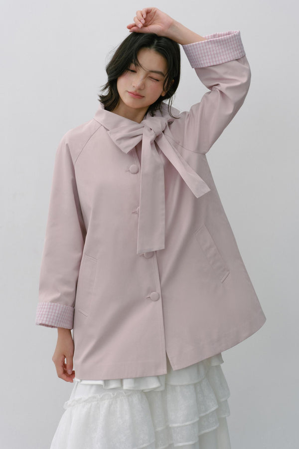 Pink Grey Check Bow Trench Coat