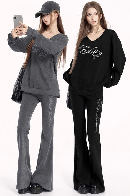 Sporty V-Neck Sweatshirt Set-Up