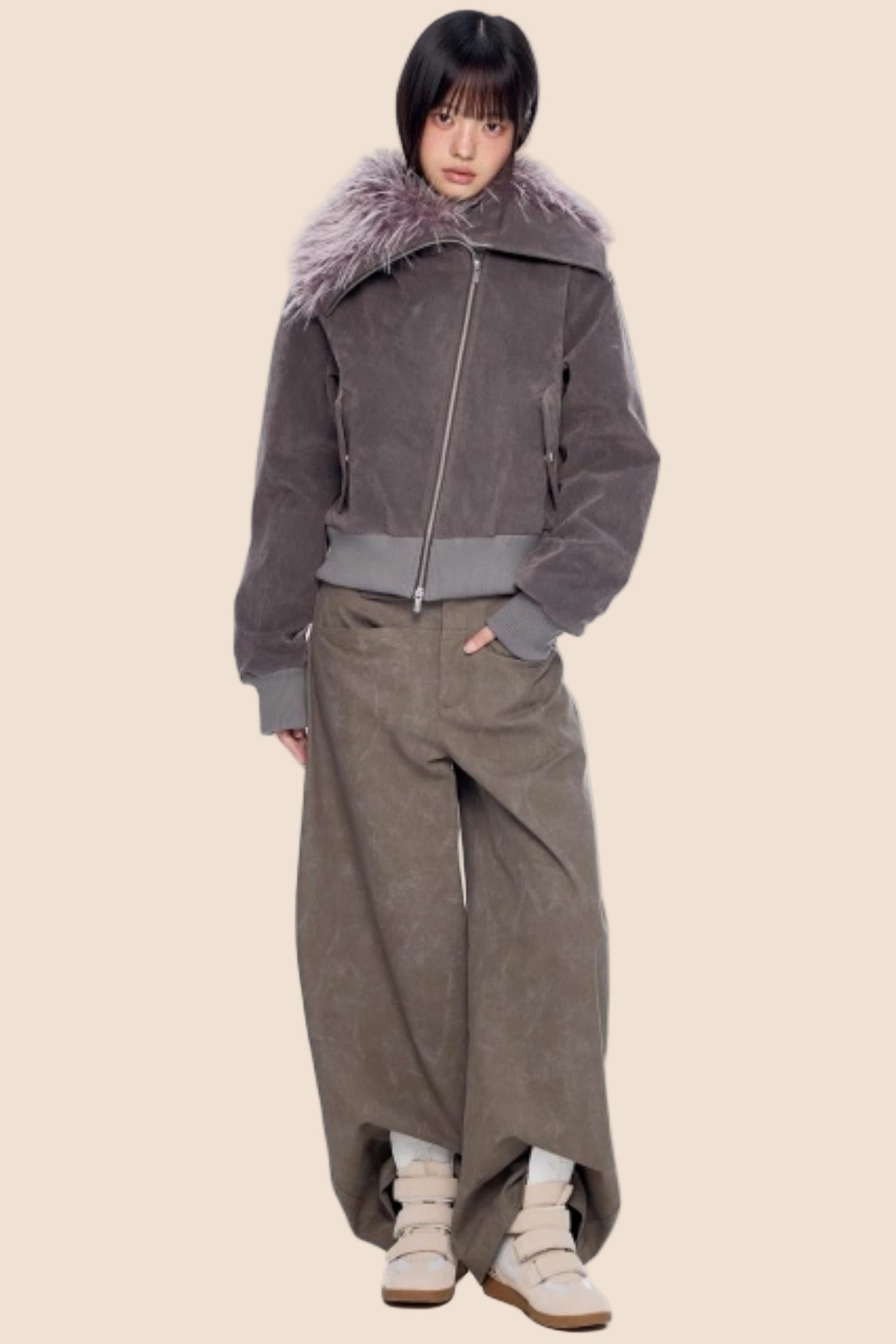 Faux Suede Fur Collar Coat