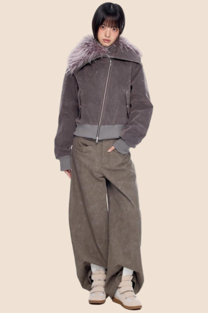 Faux Suede Fur Collar Coat