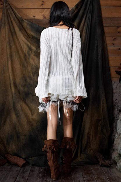 Vintage Lace-Up Knitted V-Neck T-Shirt