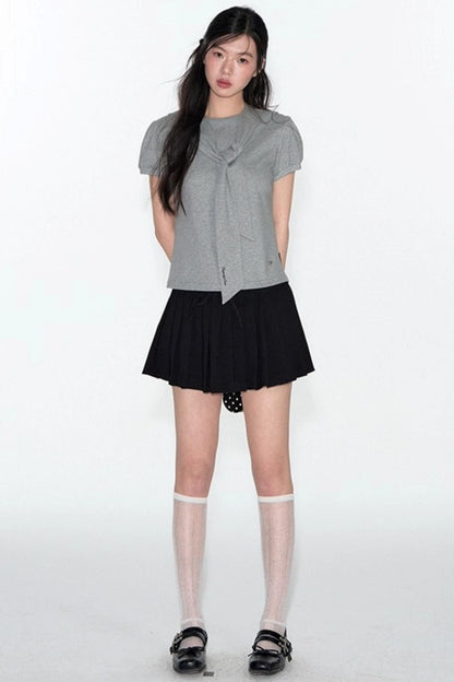 Navy Lace Short Sleeve Cinched Waist Top Set-Up