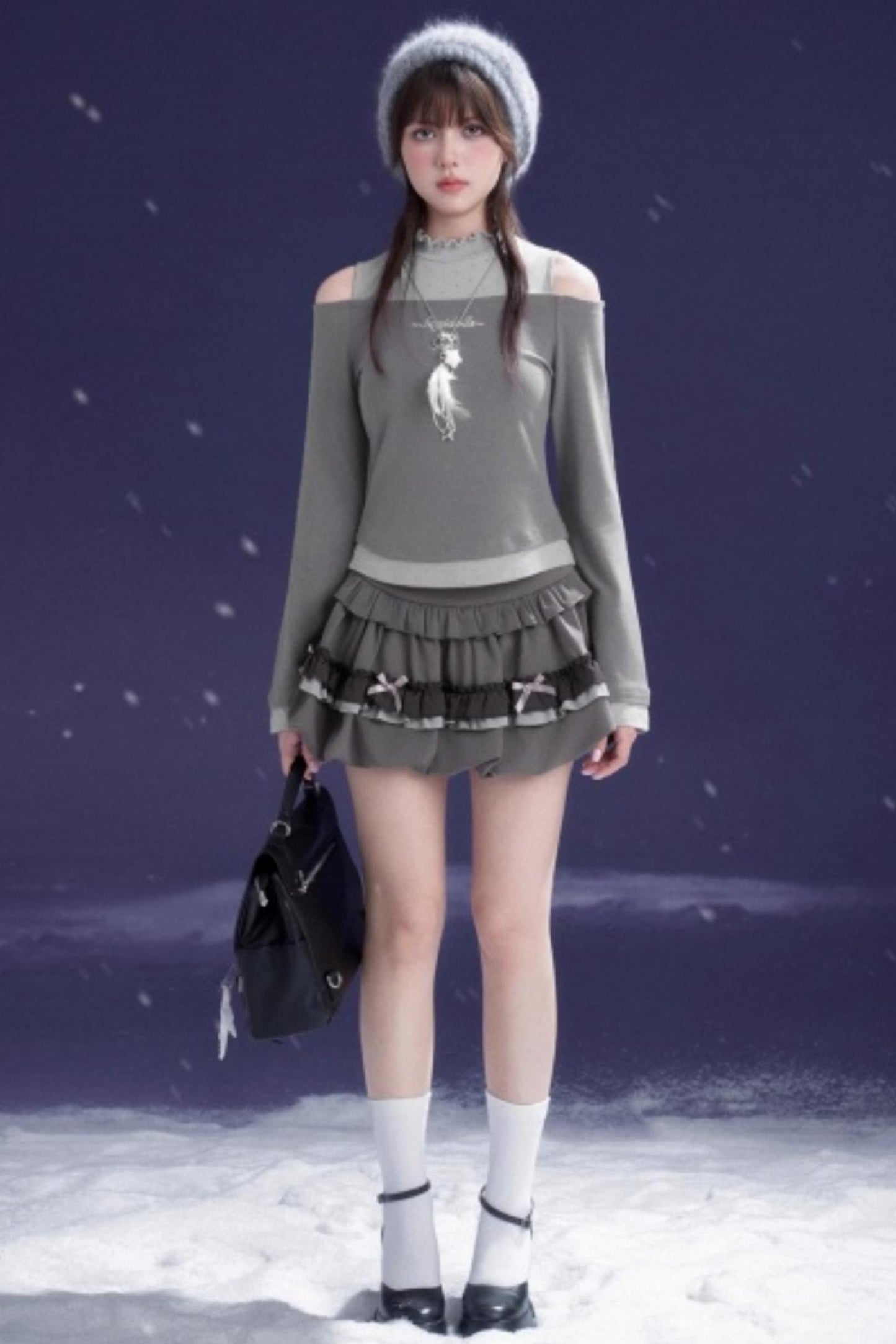 Gray-Purple Bowknot Off-Shoulder Top