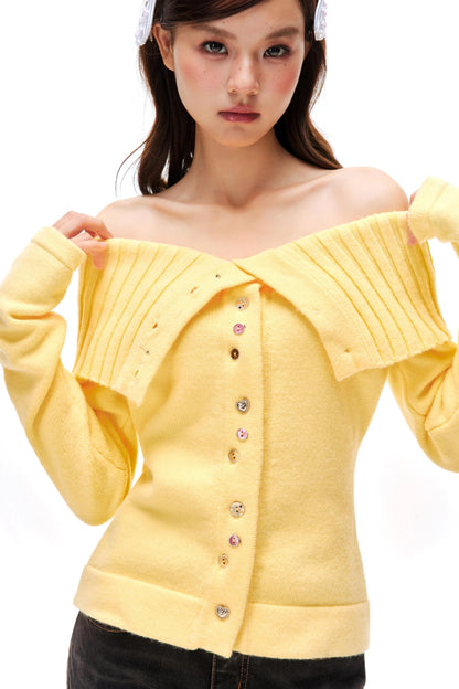 Colorful Button Off-Shoulder Knit Sweater