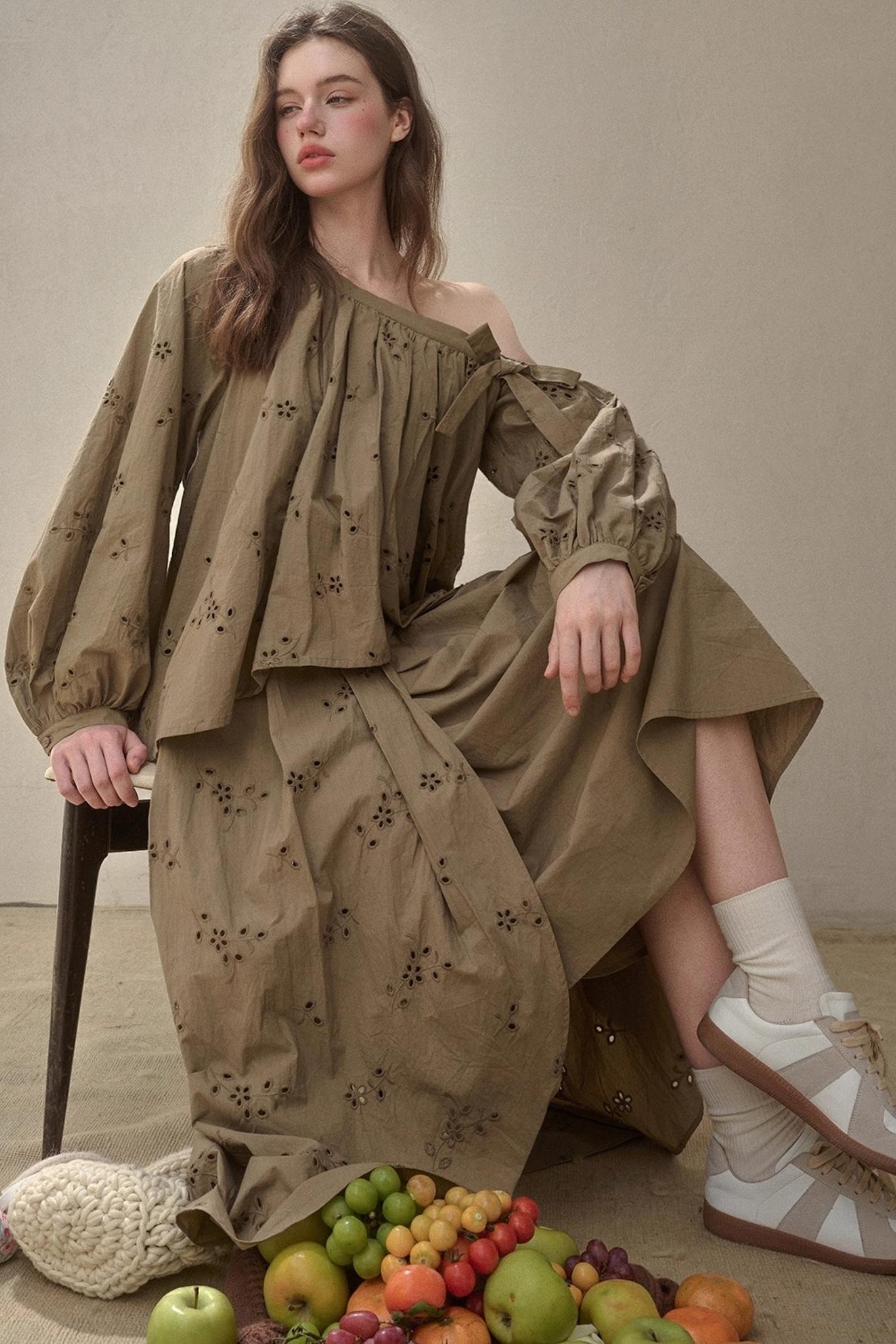 Embroidery Elegant Slanted Shoulder Skirt Set-Up