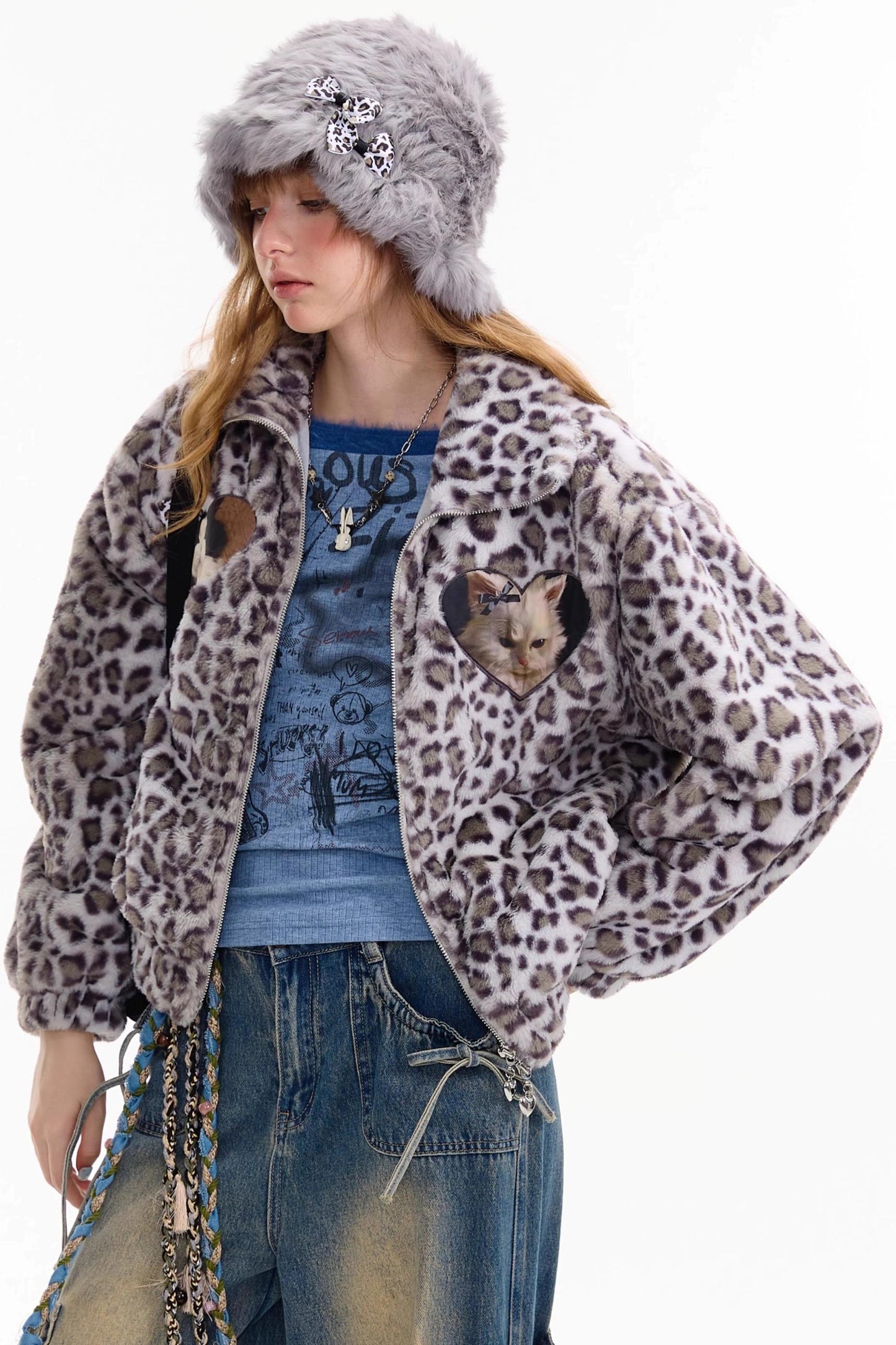 Winter Cat Print Fluffy Coat