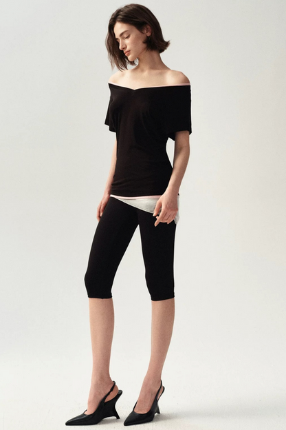 Minimalist Colorblock Deep V-Neck Wool Blend T-Shirt