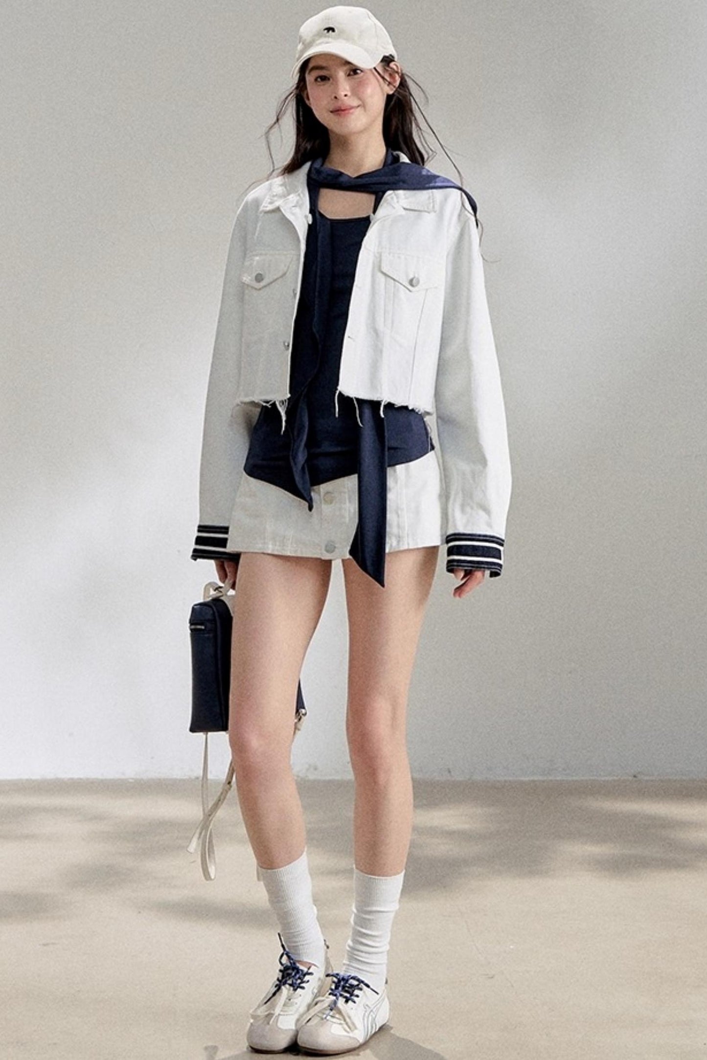 White Navy Short Denim Jacket Set-Up
