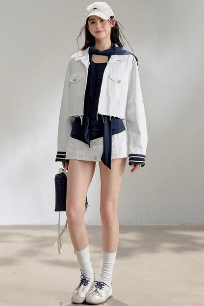 White Navy Short Denim Jacket Set-Up