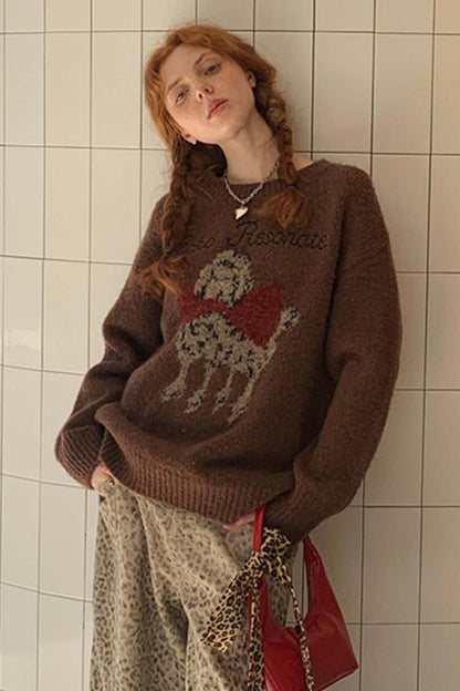 DIDDIMODA Original Design Bogen Hund Stickerei Pullover Herbst und Winter faulen Stil Rundhalsausschnitt gestrickten Pullover