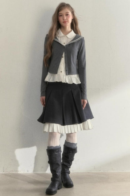 College Navy Collar Top & Skirt Set-Up