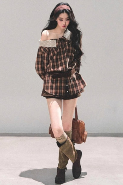 Off-Shoulder Plaid Shirt