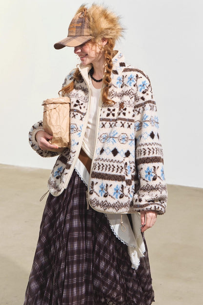 Fleece Jacquard Stand-Up Collar Coat