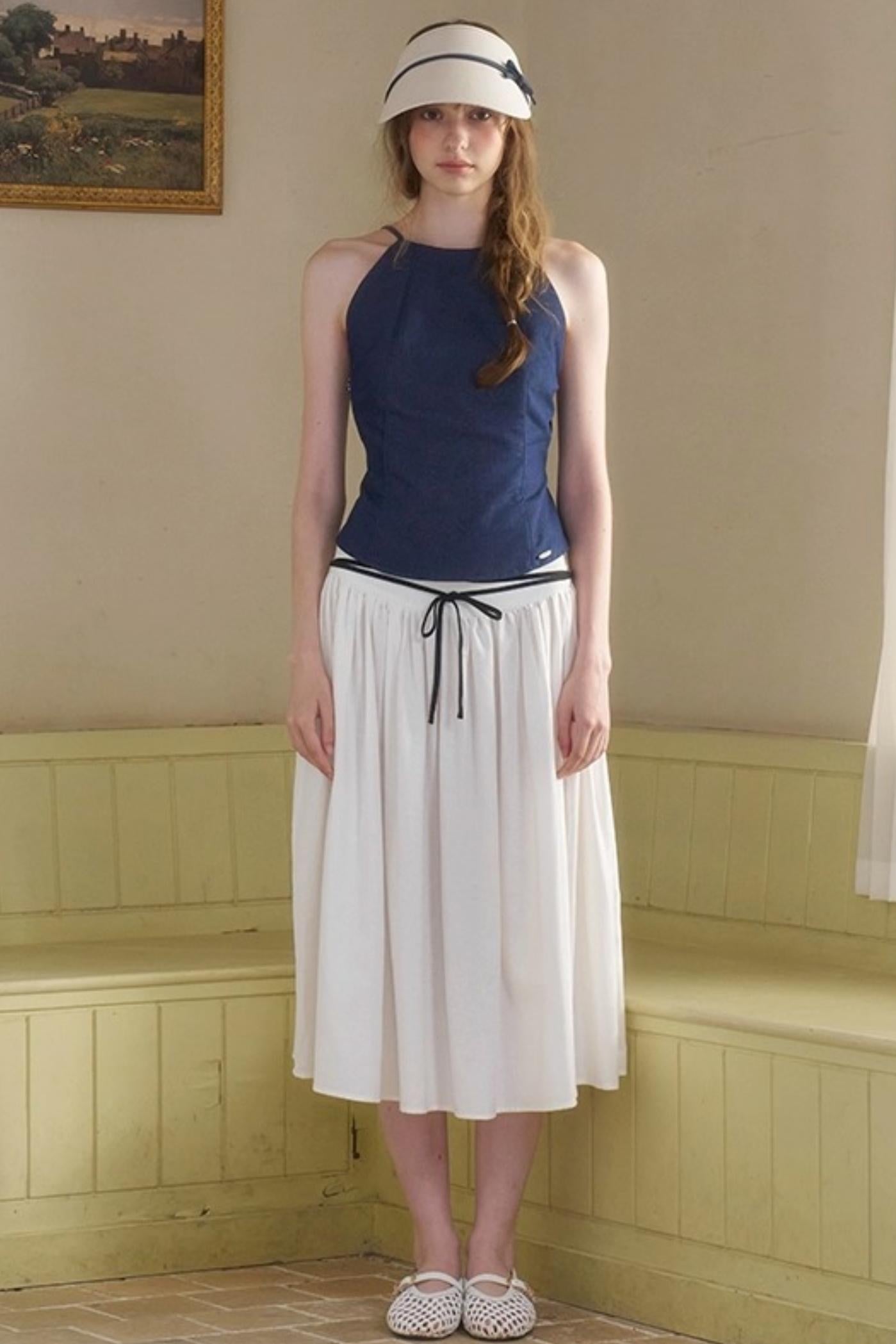 Cow Blue Pleated Denim Wide-Leg Pants Set-Up