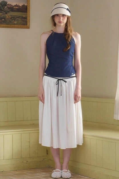 Cow Blue Pleated Denim Wide-Leg Pants Set-Up