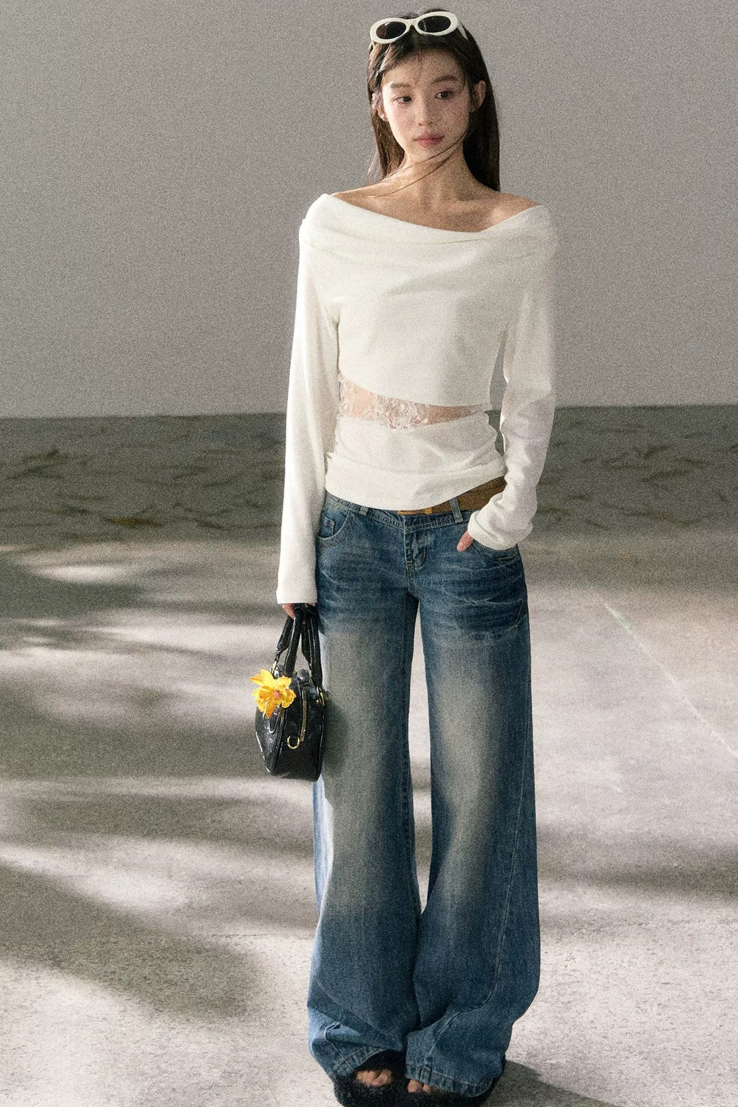 White Lace Cutout Draped Top Set-Up