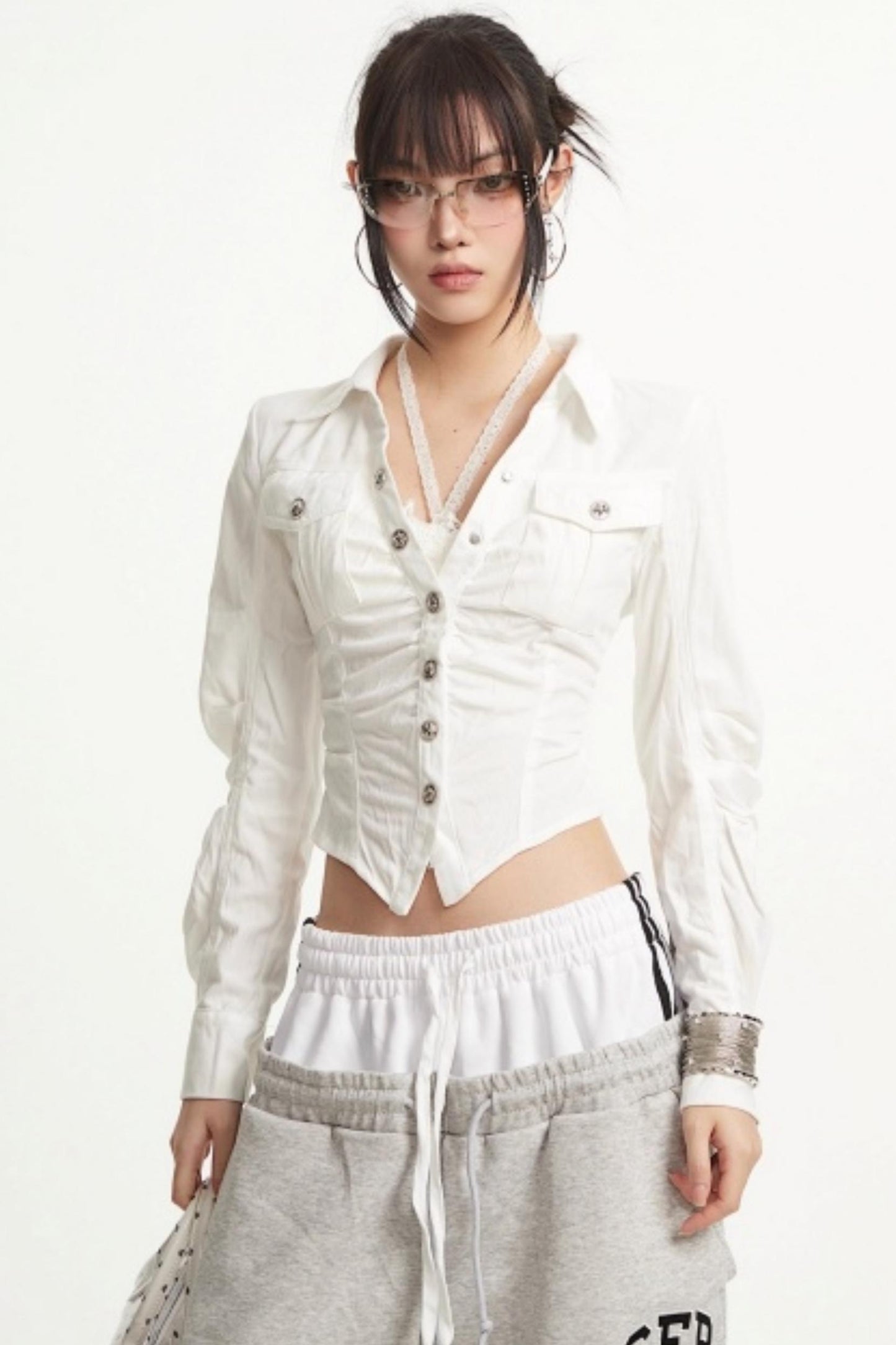 Apricot Rhinestone Pleated Shirt
