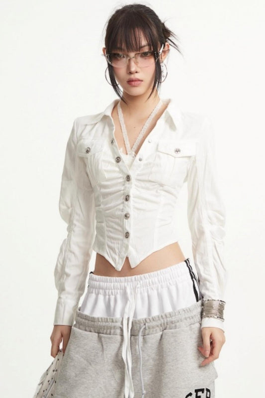 Apricot Rhinestone Pleated Shirt