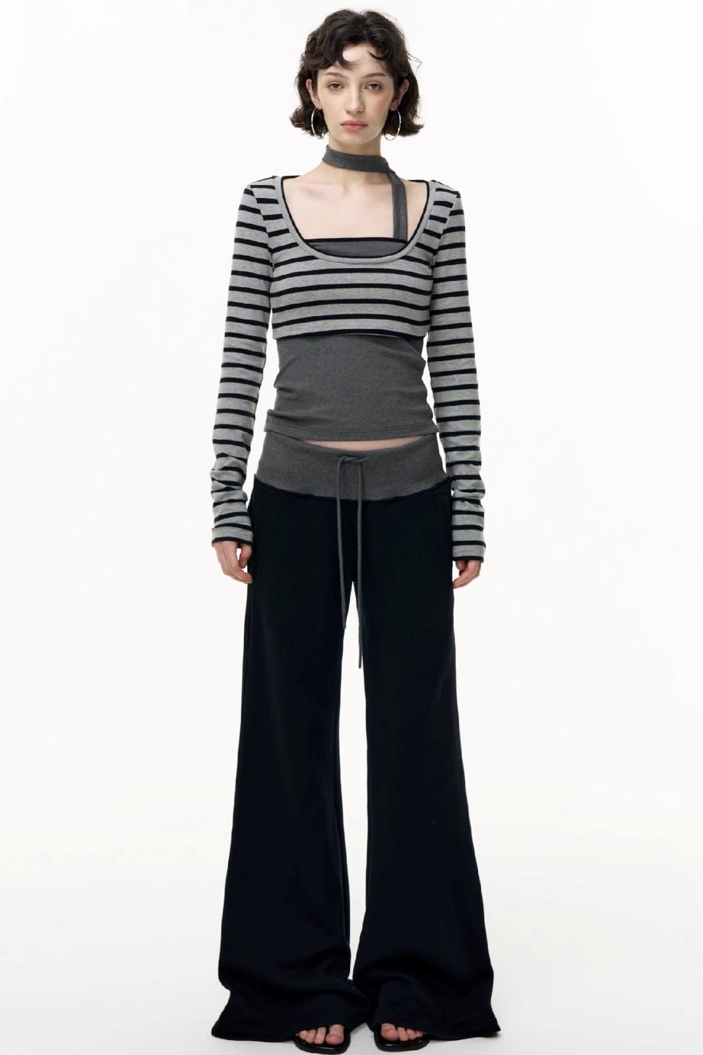 Drawstring Cotton Flared Sweatshirt Slacks