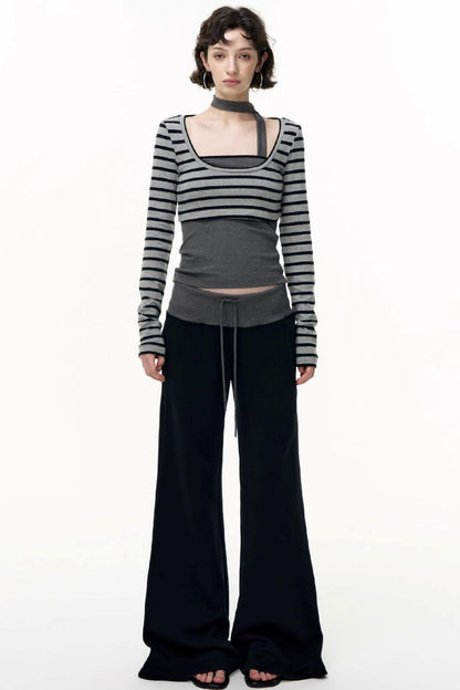 Drawstring Cotton Flared Sweatshirt Slacks