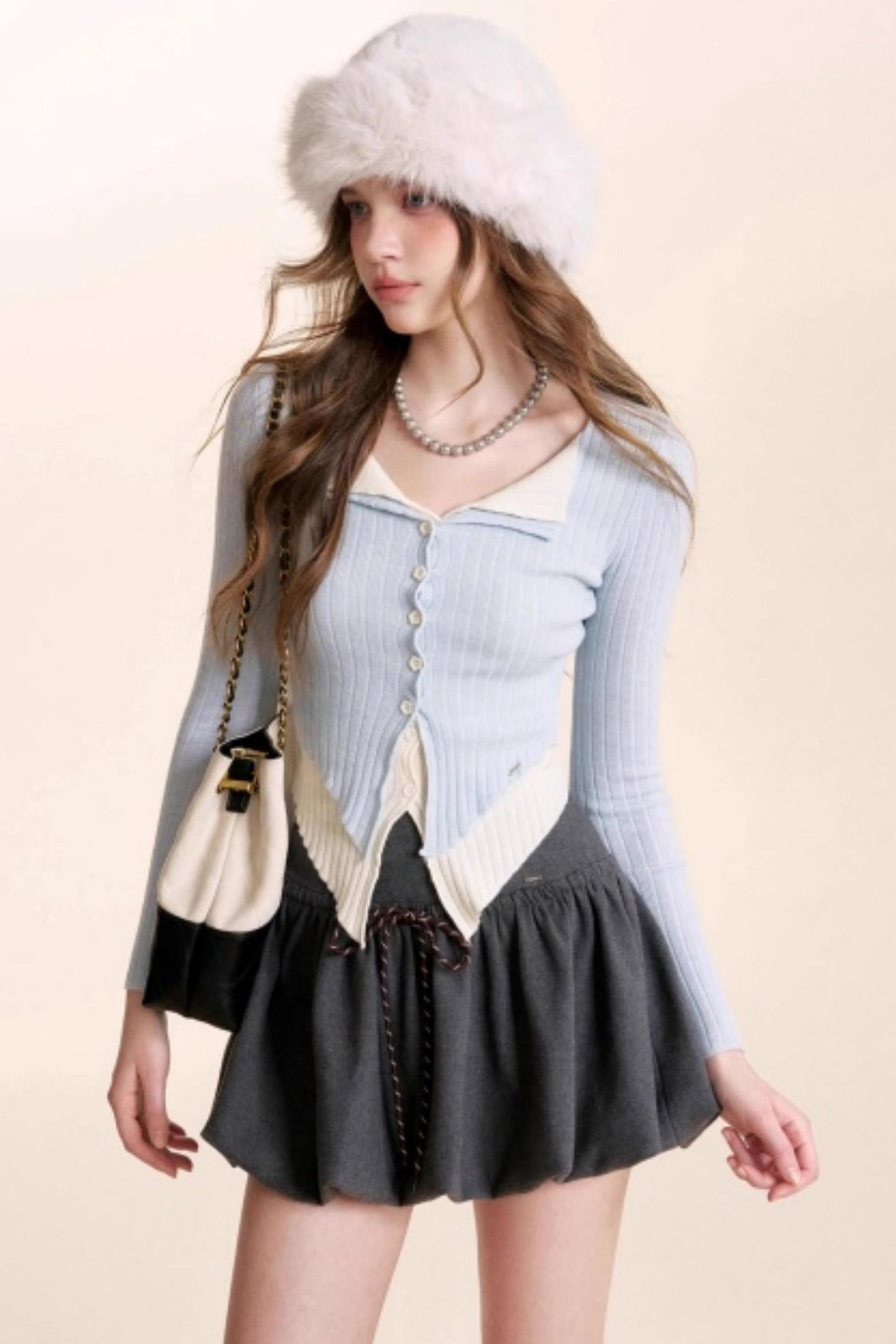 Color-Blocked Woolen Puff Skirt