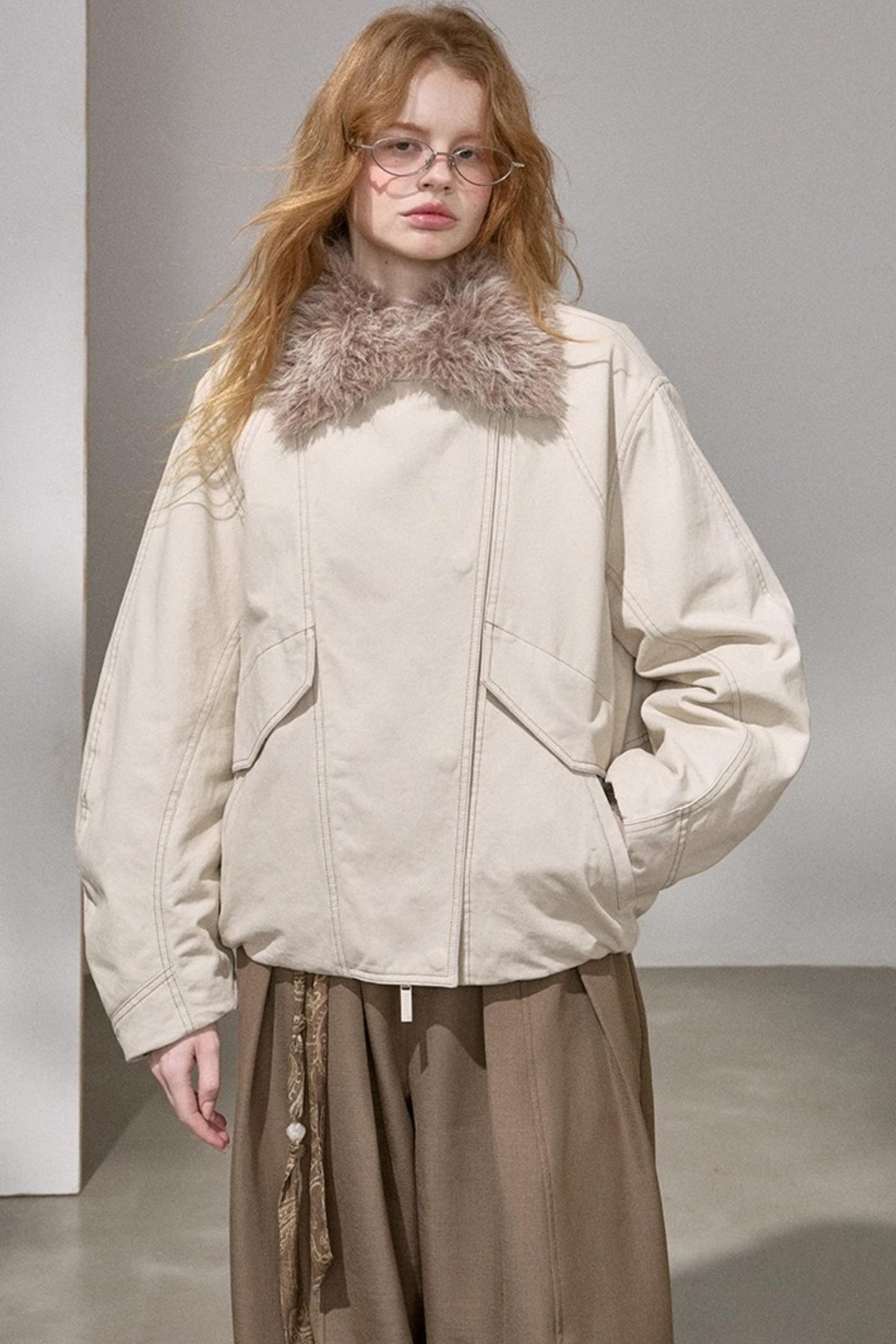 Curved Sleeve Fur Collar Jacket