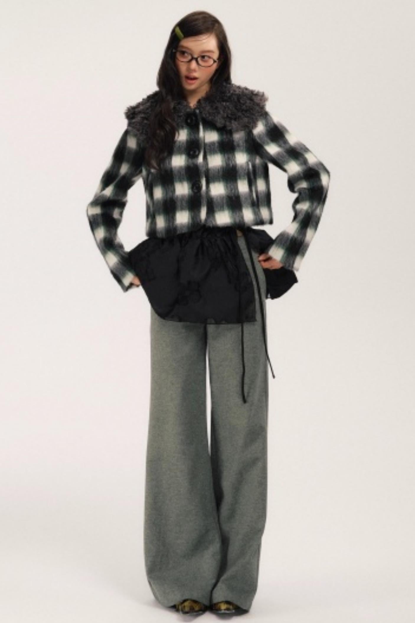 Plaid Wool Fur Collar Jacket