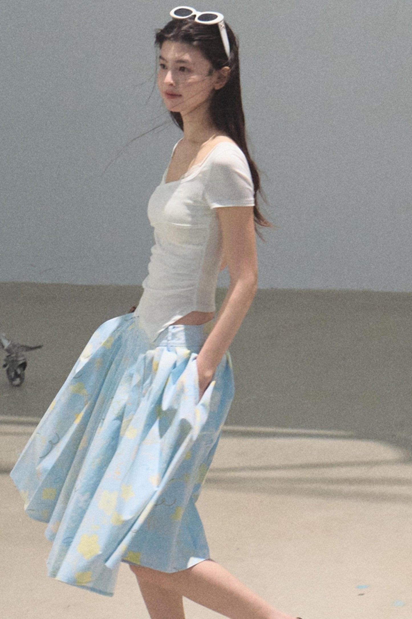 Running Waves Cotton Poplin Pleated Midi Skirt