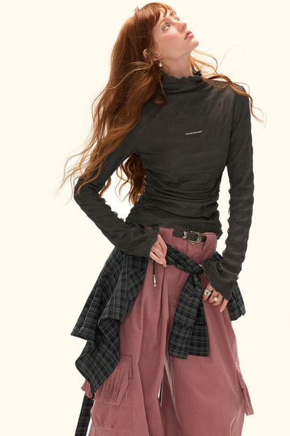 High-Neck Knitted Striped Slimming Shirt