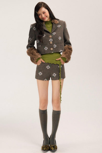 Retro Embroidery Tweed Fur Shorts Set-Up