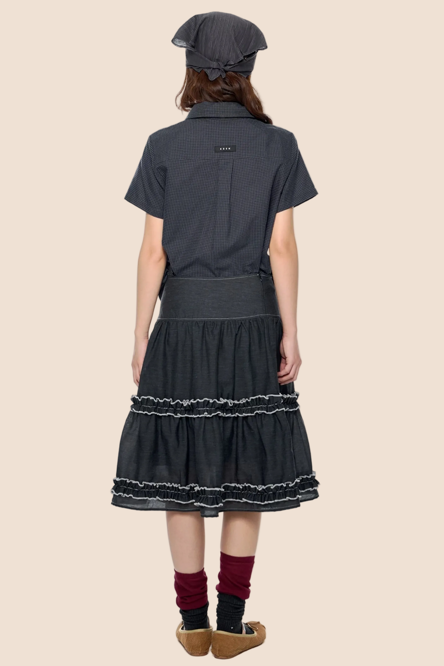 Kariertes Retro-Blusenset mit schmaler Passform und Falten