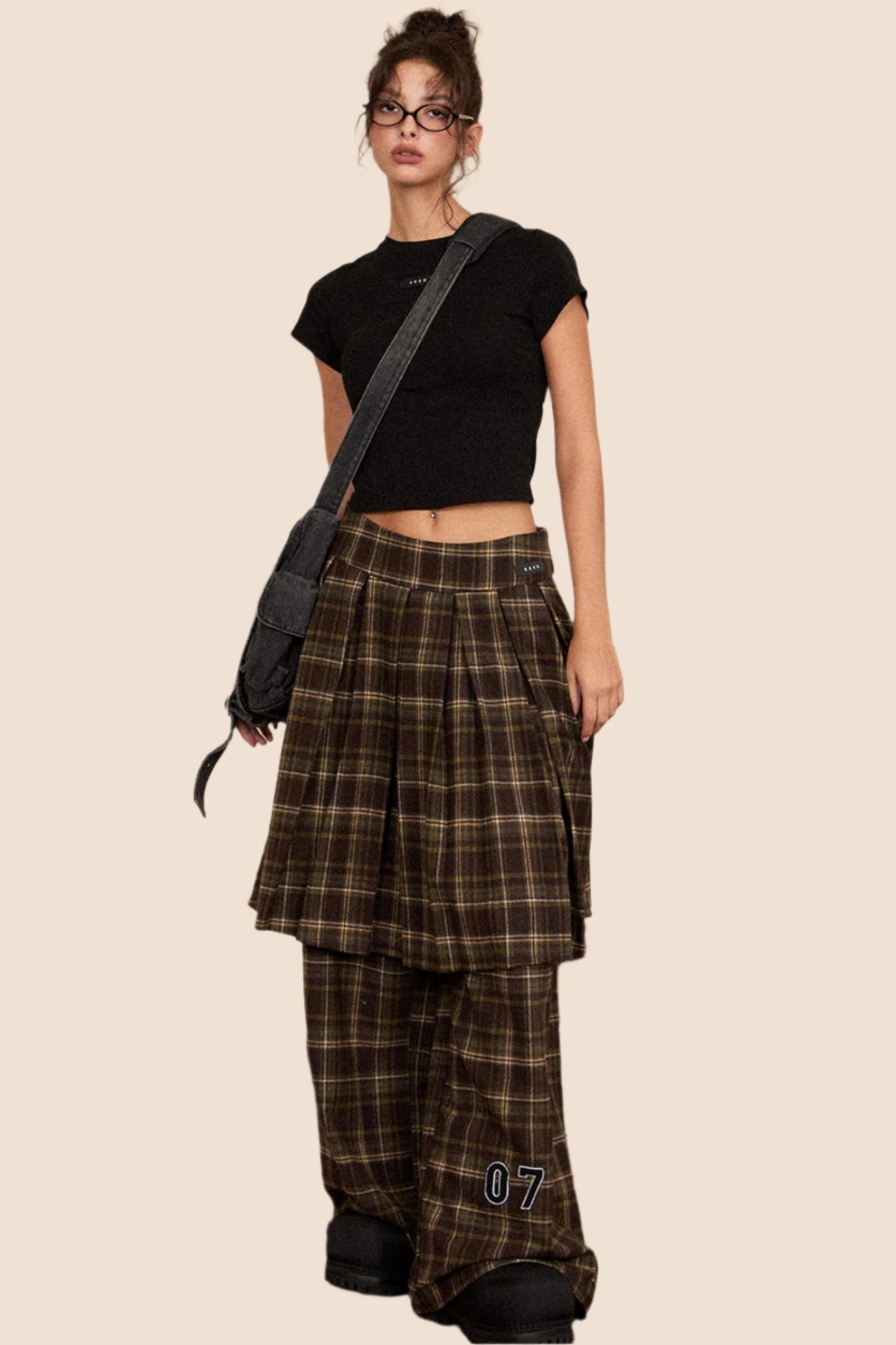 Casual Woolen Plaid Skirt And Pants Set-Up