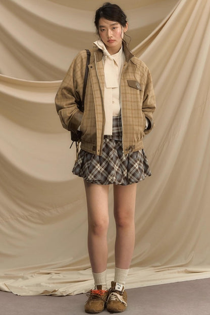 Stand Collar Plaid Woolen Jacket