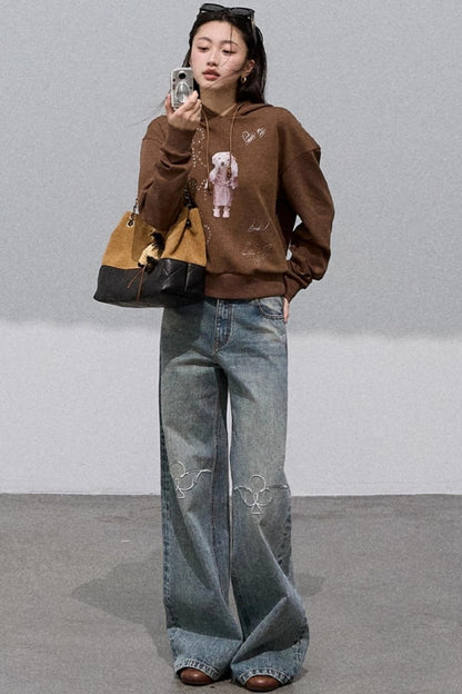 Vintage Burnt Flower Wide-Leg Jeans