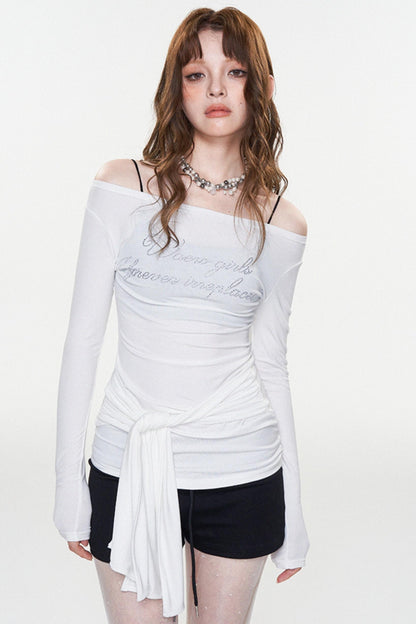 Stylish Letter Print One-Shoulder Top