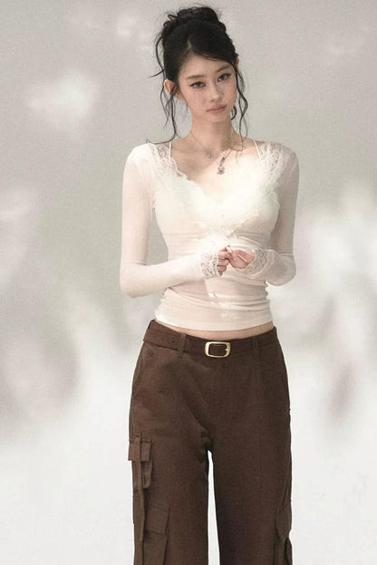 Top in maglia di pizzo a toppe