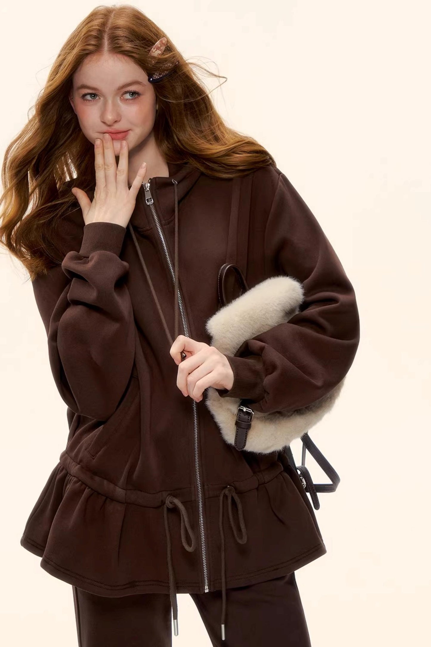 Hooded Drawstring Fleece Jacket Set-Up