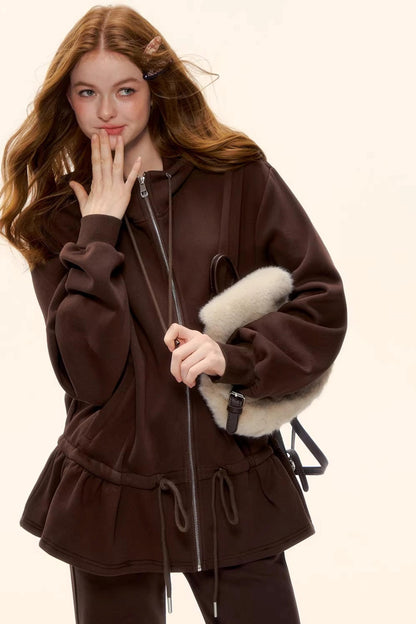 Hooded Drawstring Fleece Jacket Set-Up