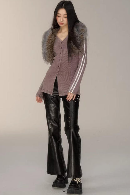 V-Neck Pinstripe Mid-Length Coat Set-Up