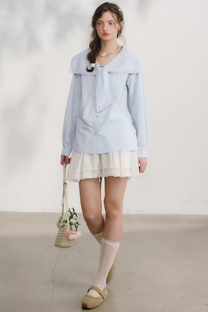 네이비 웨이브 레이스 블라우스