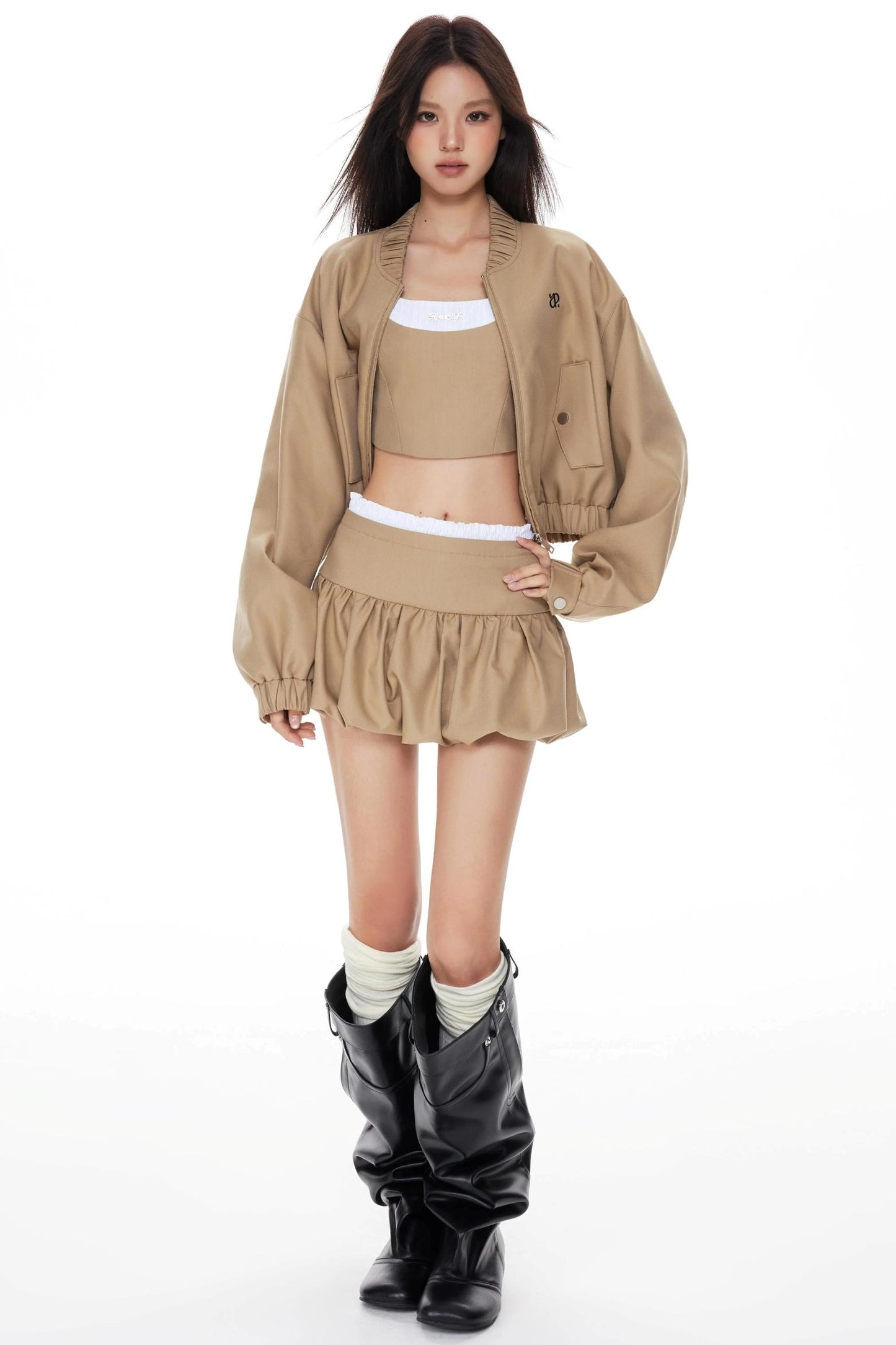 Khaki Cropped Jacket Skirt Set-Up
