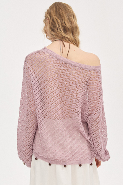 Diagonal Hollow Beaded Knit Sweater