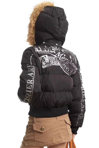 Printed Short Fur Collar Down Jacket