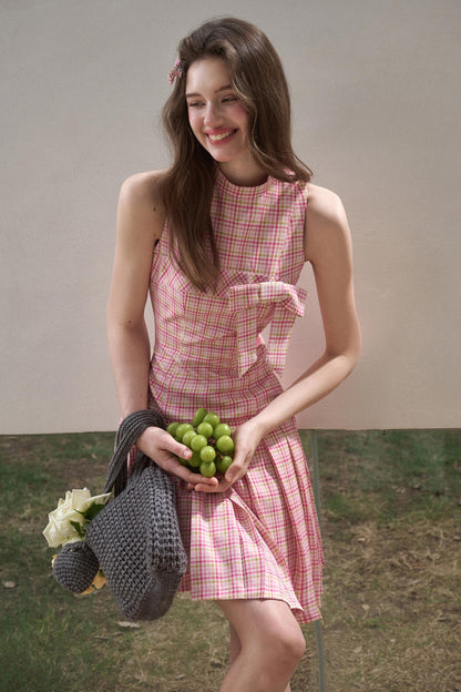 Bow Halterneck Plaid Dress