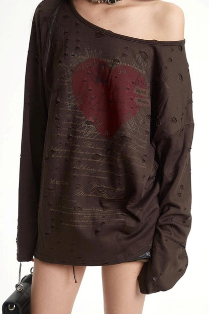 Vintage Love Print Slanted Shoulder T-Shirt