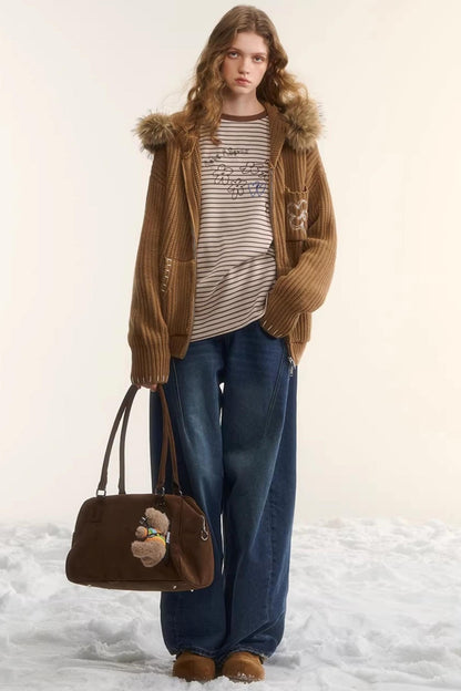 Detachable Fur Hooded Cardigan